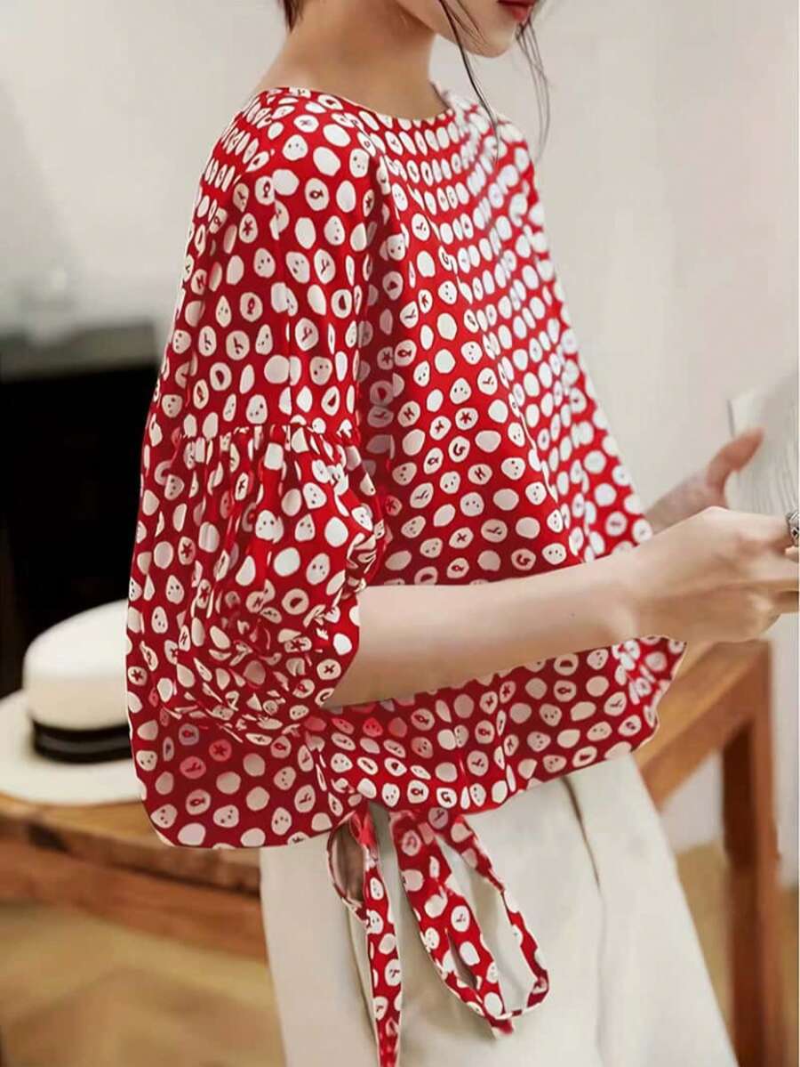 Floral Print Loose Fit Round Neck Drawstring Waist Short Sleeve Pullover Top - Relaxed Fit, Polyester, Floral Design Vacation Summer - Red - View 1