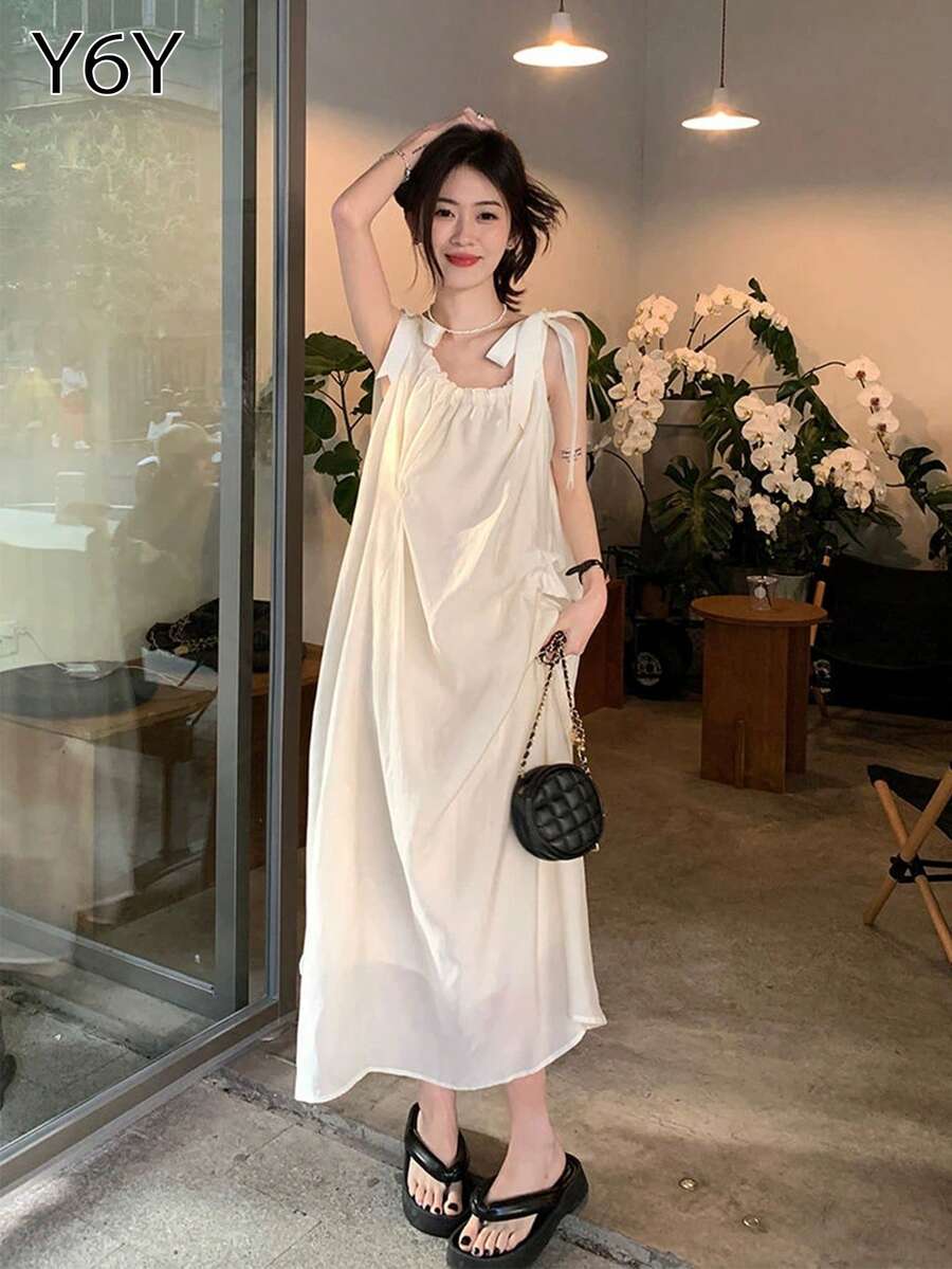 [Y6Y] Đầm hai dây không tay thắt eo dành cho nữ, đầm thường ngày đi biển, nghỉ mát. - Màu be - Xem 1