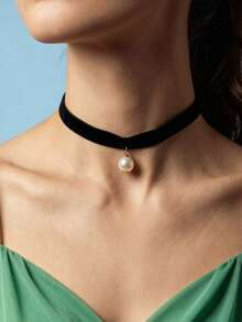 1 pieza Collar gargantilla de terciopelo negro sexy y de moda con colgante de perlas falsas, adecuado para uso casual y diario - Negro - Ver 2
