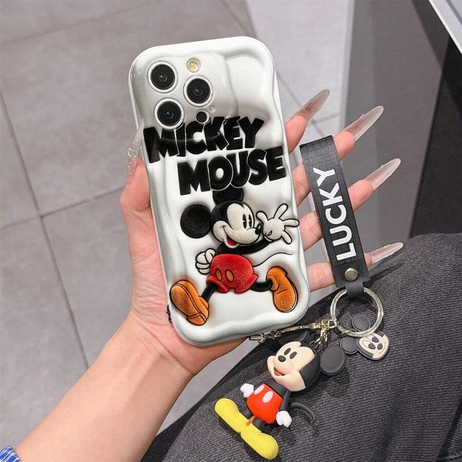 Disney Mickey Mouse Clubhouse Phone Case : 3D Fluffy Pattern Border Protector Phone Soft Phone Case With A Free Cute Mickey Bracelet Chain Lanyard, Mickey, Minnie, Goofy, Donald Duck, Daisy Duck, Pluto, For Apple 17 Promax 17 Pro 16 15 14 13 12 11 Pro Max XS Max X XR Soft Cover Summer Phone Case - White - View 1