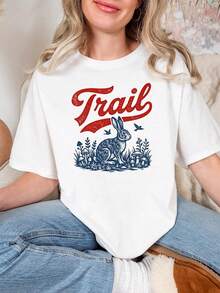 Trail Rabbit T1S1Hirt Vintage Bunny Woodland Illustration, 1717, R Woodland Animal Graphic T1EE, UniS1ex Gift - Blanco - Ver 2