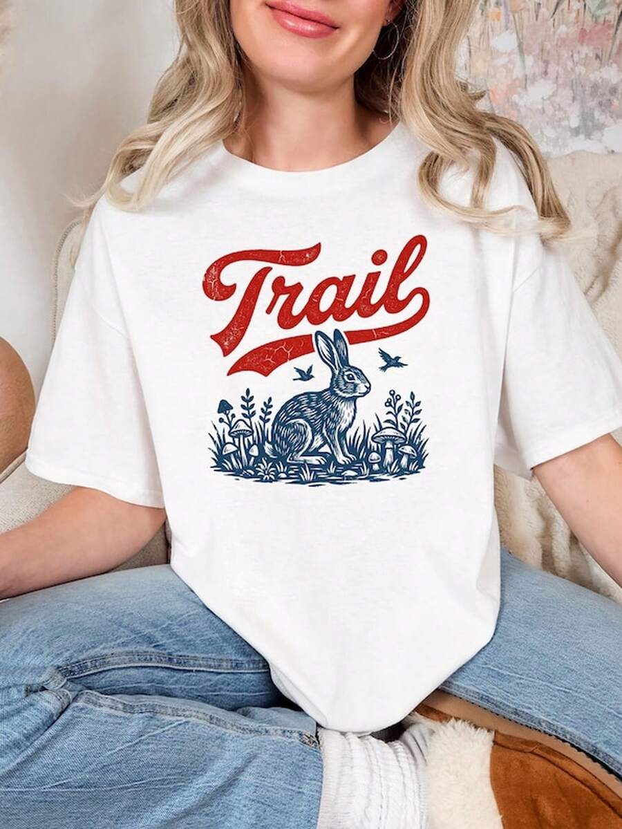Trail Rabbit T1S1Hirt Vintage Bunny Woodland Illustration, 1717, R Woodland Animal Graphic T1EE, UniS1ex Gift