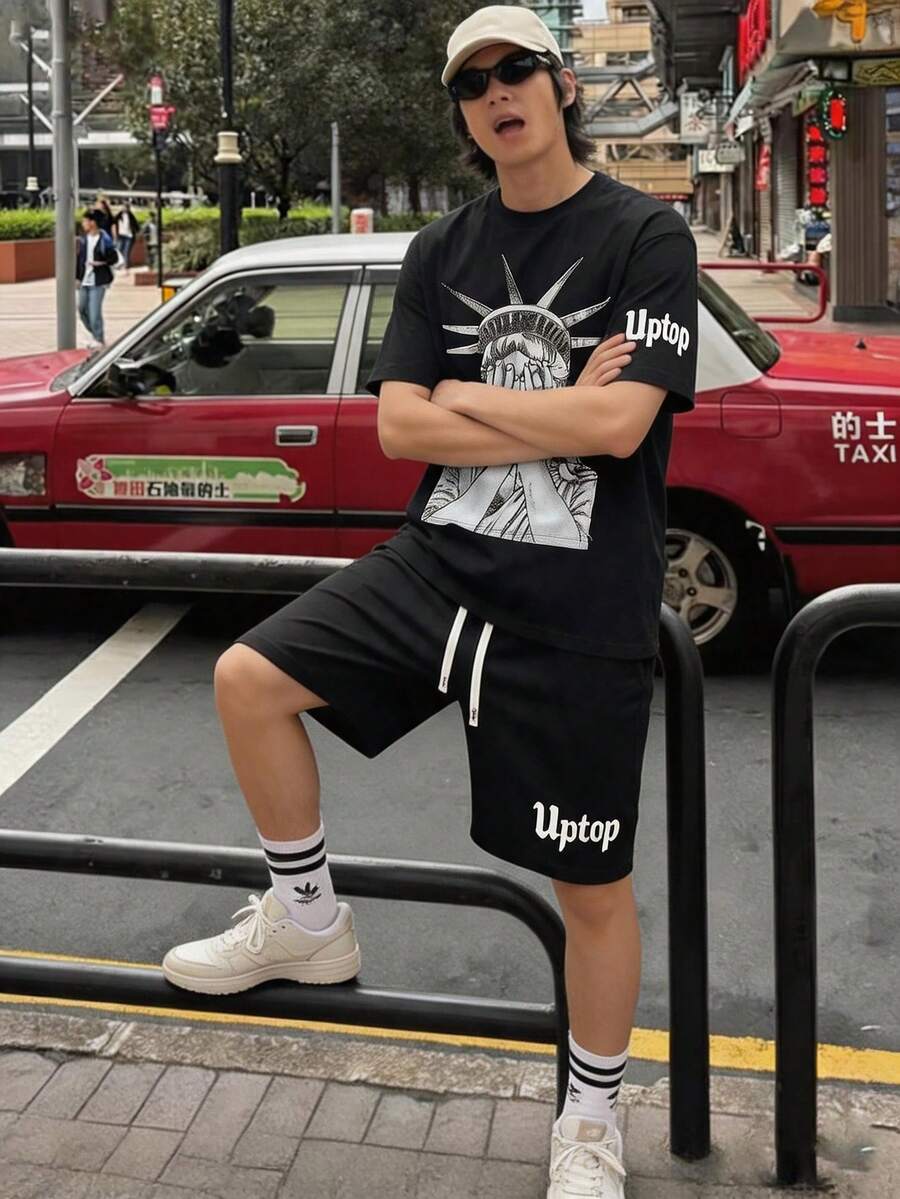 男士自由女神像图案休闲T恤和抽绳腰带口袋短裤套装 - 黑色 - 查看 1