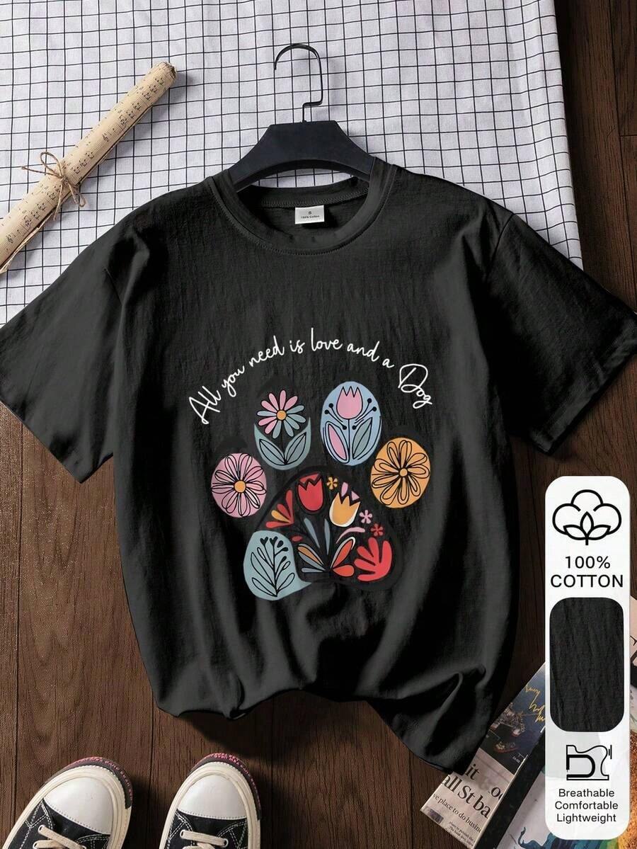 Mexican Basic Camiseta de manga corta de 100% algodón con estampado de pata de perro y flor para mujer, camiseta de verano, camiseta gráfica, atuendo de verano casual, camiseta de algodón, top de verano, estampado impreso, camiseta de verano, camiseta de mujer, top, ropa de verano, atuendo de vacaciones y viajes en color blanco New Launch - Negro - Ver 1
