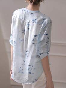 Blusa de mujer de manga 3/4 con cuello alto, estampado floral acuarela azul grisáceo| Blusa de ajuste ceñido, transpirable, de manga acampanada, para oficina/vacaciones, primavera/verano - Celeste - Ver 2