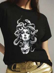 Camiseta de manga corta con estampado de serpiente para mujer de talla grande, camisetas gráficas para mujer-Vintage Street Style Unisexoose Cotton Short Sleeve Crew Neck T-Shirt - Negro - Ver 6