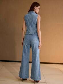 PREMIUM Conjunto de 2 piezas de chaleco vaquero con hebilla metálica y jeans para mujer, primavera/verano - Azul lavado medio - Ver 3