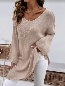 Plus Size Solid Color Casual Plus Size Scoop Neck Asymmetrical Hem Knit Long Sleeve Top - Khaki - View 4