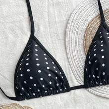 2pcs/Set Spring Break Women Beachwear Summer Outfits: Spaghetti Strap Polka Dot Print Top And Contrast Ruffle Trim Bikini Bottom Bikini Set Set - Blanco y Negro - Ver 4