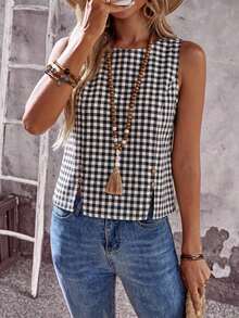 Camisa sin mangas de unicolor con diseño de botones para mujer - Negro - Ver 3