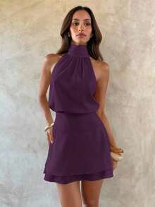 Vestido de mujer sexy y elegante con cuello halter, cintura de gasa y drapeado - Morado - Ver 4