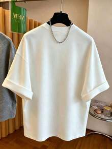 Camiseta casual y de moda para mujer con efecto de parche de mezclilla, estampado a rayas y de cerezas digitales, cuello redondo - verde menta - Ver 2