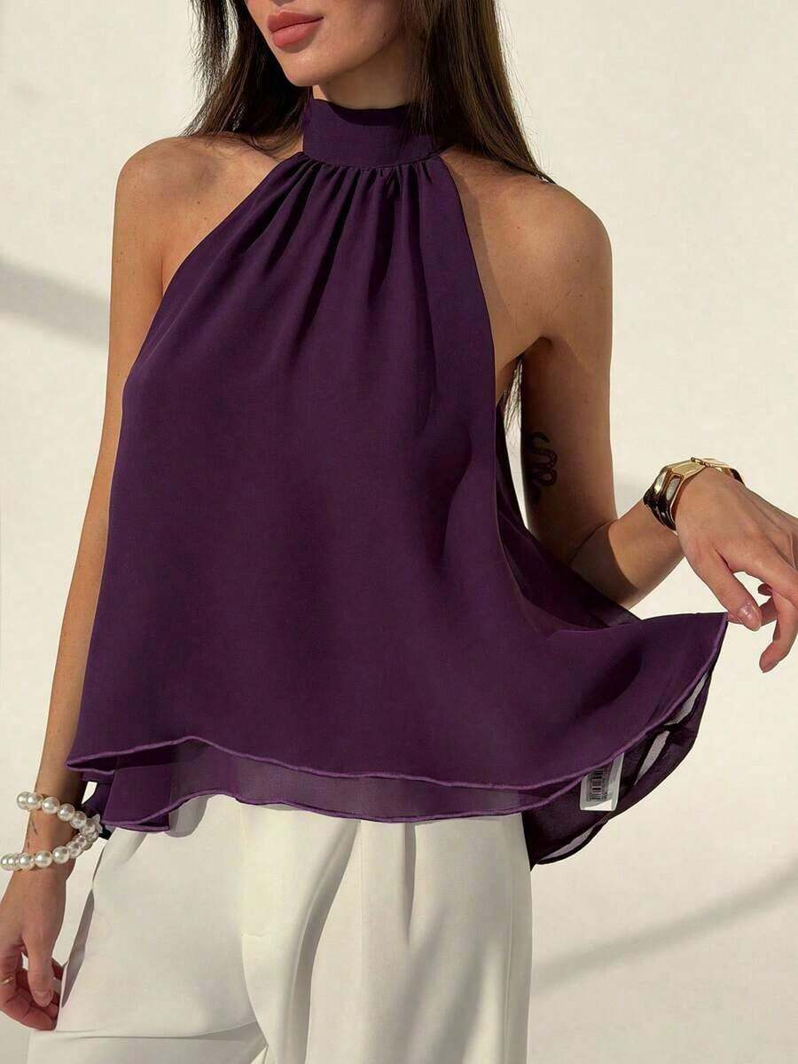Camiseta sin mangas de gasa con cuello halter, fruncida y con línea A, de estilo bohemio minimalista y sexy, color morado berenjena, para primavera/verano - Morado - Ver 1