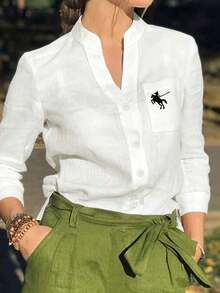 Camisa de mujer de unicolor con cuello en V y botones - Blusa casual y elegante de manga larga con detalle de bolsillo, adecuada para vacaciones, viajes y uso diario, artículo esencial para primavera, verano, otoño e invierno - Blanco 2 - Ver 2