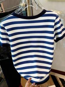 Camiseta de mujer de cuello redondo de manga corta con bloques de color y rayas - Multicolor 11 - Ver 2