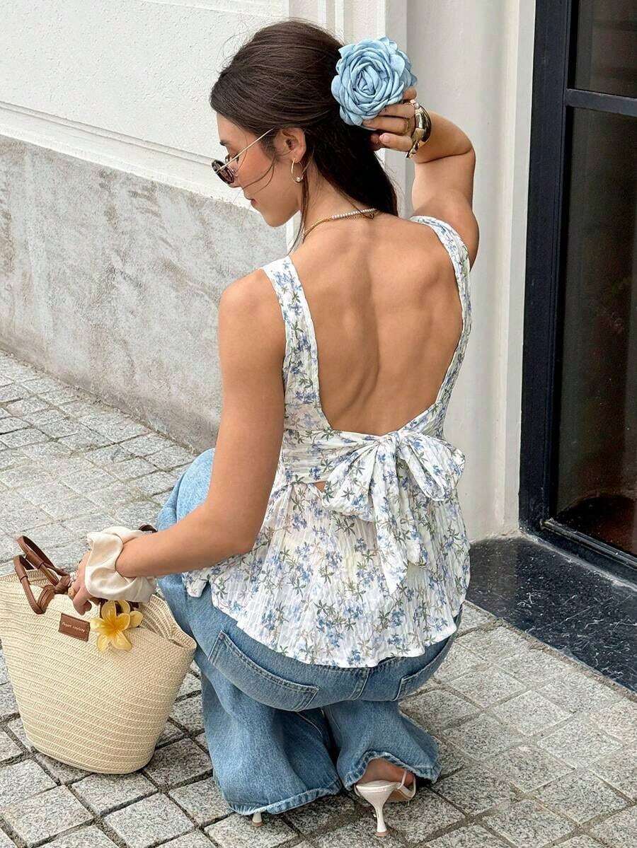 Blusa elegante con volantes bordados para mujer - Azul y blanco - Ver 1