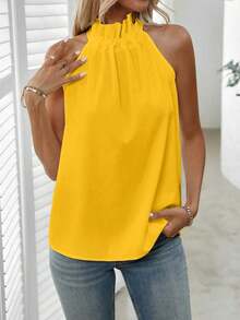Blusa plisada de unicolor, versátil y casual para uso diario - Amarillo - Ver 3