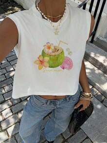 Camiseta de tirantes corta con cuello redondo y estampado de limones, adecuada para el verano - Blanco 2 - Ver 1
