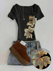 Clásica camiseta de manga corta con escote cuadrado y ajuste ceñido, con estampado de leopardo en negro y marrón claro, adecuada para primavera y verano, actualmente popular, camiseta de moda, hermosa camiseta, regalo para hermanos, regalo para hermanas, regalo para mamá, regalo del Día de la Madre, top de moda casual y sencillo - Multicolor 4 - Ver 6
