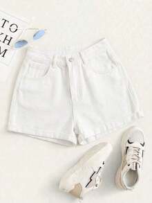 Shorts vaqueros informales de mujer con dobladillo enrollado y bolsillos sesgados - Blanco - Ver 6