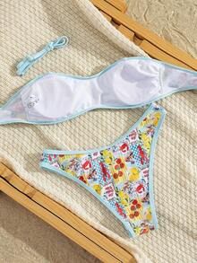 Set de 2 piezas Bikini bandeau con estampado floral rosa para mujer, con tirantes desmontables adecuado para vacaciones en la isla y sesiones de fotos en la playa en verano - Multicolor 12 - Ver 2