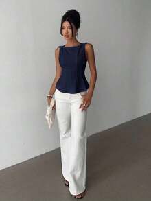 sin mangas elegante para ir a la oficina, diseño minimalista, casual de negocios para mujer, ropa de oficina, salir, para maestras, blusa casual para mujer, blusa social para mujer - Azul marino - Ver 3