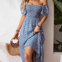 Square Neck Ditsy Floral Casual Summer Short Sleeve Dress Maxi Vacation Beach Outfits Women - Azul - Ver 4