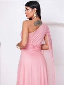 Long, Sparkly, One-Shoulder Party Dress With An Elegant Cape, Perfect For Bridesmaids, Weddings, And Graduations. - Màu hồng gỉ - Xem 4