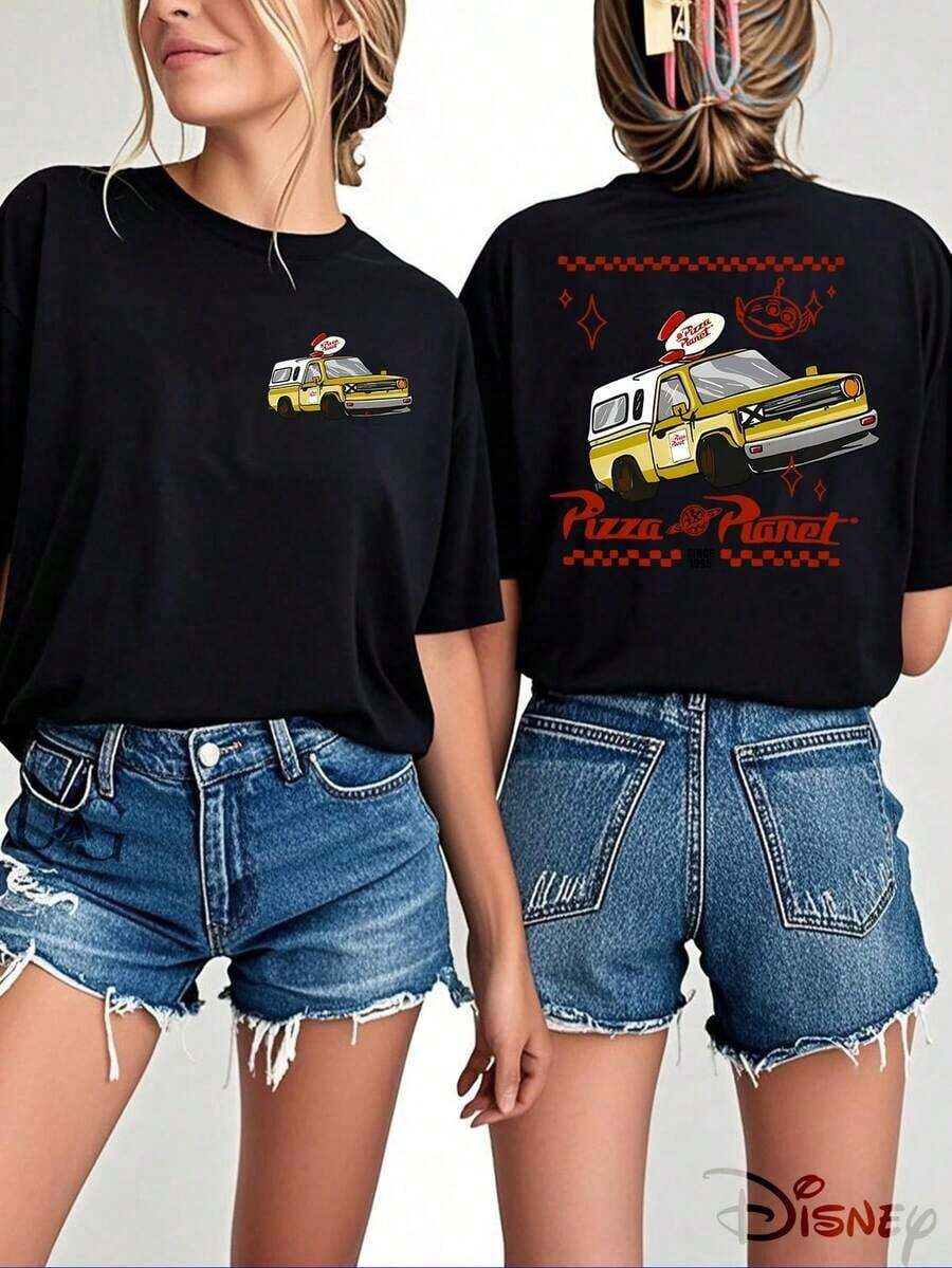 Officially Licensed Pizza Planet Pizza Planet Truck T-Shirt, Double-Sided Print, 100% Cotton, Crew Neck, Nostalgic Retro Style, Casual Wear, Spring And Summer Top, Movie Merchandise, Collectible Item For Fans. - 黑色 - 查看 1