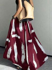 Falda casual y suelta con diseño único de estampado de pintura de tinta para mujer, elegante y estilizadora para vacaciones - Rojo - Ver 4