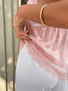 Top sexy casual de mujer con tirantes finos sin mangas, camisola de satén con dobladillo asimétrico de malla, para vacaciones, despedidas de soltero y fiestas de cumpleaños, rosa de verano - Rosa - Ver 8