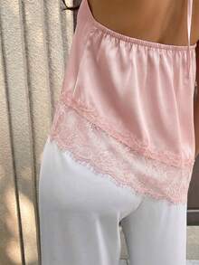 Top sexy casual de mujer con tirantes finos sin mangas, camisola de satén con dobladillo asimétrico de malla, para vacaciones, despedidas de soltero y fiestas de cumpleaños, rosa de verano - Rosa - Ver 7