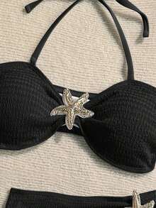 Set de bikini bandeau de 3 piezas de tela texturizada de unicolor, para vacaciones y playa - Negro - Ver 3