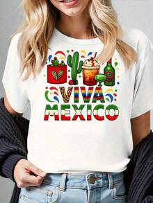 Camiseta de Fiesta Mexicana para Mujer - Estampado Gráfico de Cactus, Margarita y Tequila con Diseño de Sombrero - Camiseta Casual de Manga Corta y Cuello Redondo para el Cinco de Mayo, Fiestas Temáticas y Atuendo Casual - Tela Suave y Transpirable (Negro/Gris/Blanco/Rojo Oscuro) - Blanco - Ver 1