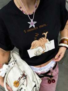 Women's Short-Sleeved T-Shirt With Round Neck And "Sleeping Cat" Print, Loose And Casual, Ideal For Summer And Everyday Wear - 白色 - 查看 8