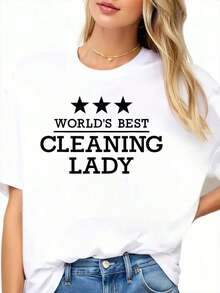 1 pieza Camiseta gráfica "La Mejor Mujer de Limpieza del Mundo" para mujer, top casual con diseño de estrellas, camiseta divertida para personal de limpieza y personal de mantenimiento, 180g 100% algodón suave. - Blanco - Ver 2