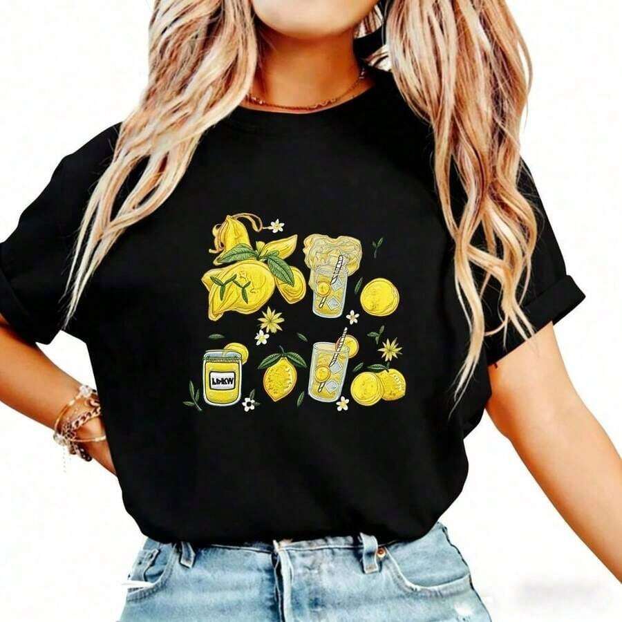 Summer T-Shirt With Lemon Print, Gift T-Shirt For Food Lovers, Nice Gift For Her, Fruit Blouse For Women, Summer T-Shirt For Ladies - Vintage Street Style, Unisex Cotton Loose Short Sleeve Round Neck T-Shirt, Blouses For Women, Women's T-Shirts, Casual Blouses For Ladies. - 黑色 - 查看 1