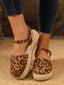 Plus Size Casual Comfortable Woven Rope Side Wedge Sandals, Fashionable Leopard Print Thick Sole Slip-On Sandals, Multiple Colors, Summer New Arrival - Leopard Print Rice Dumplings - View 3
