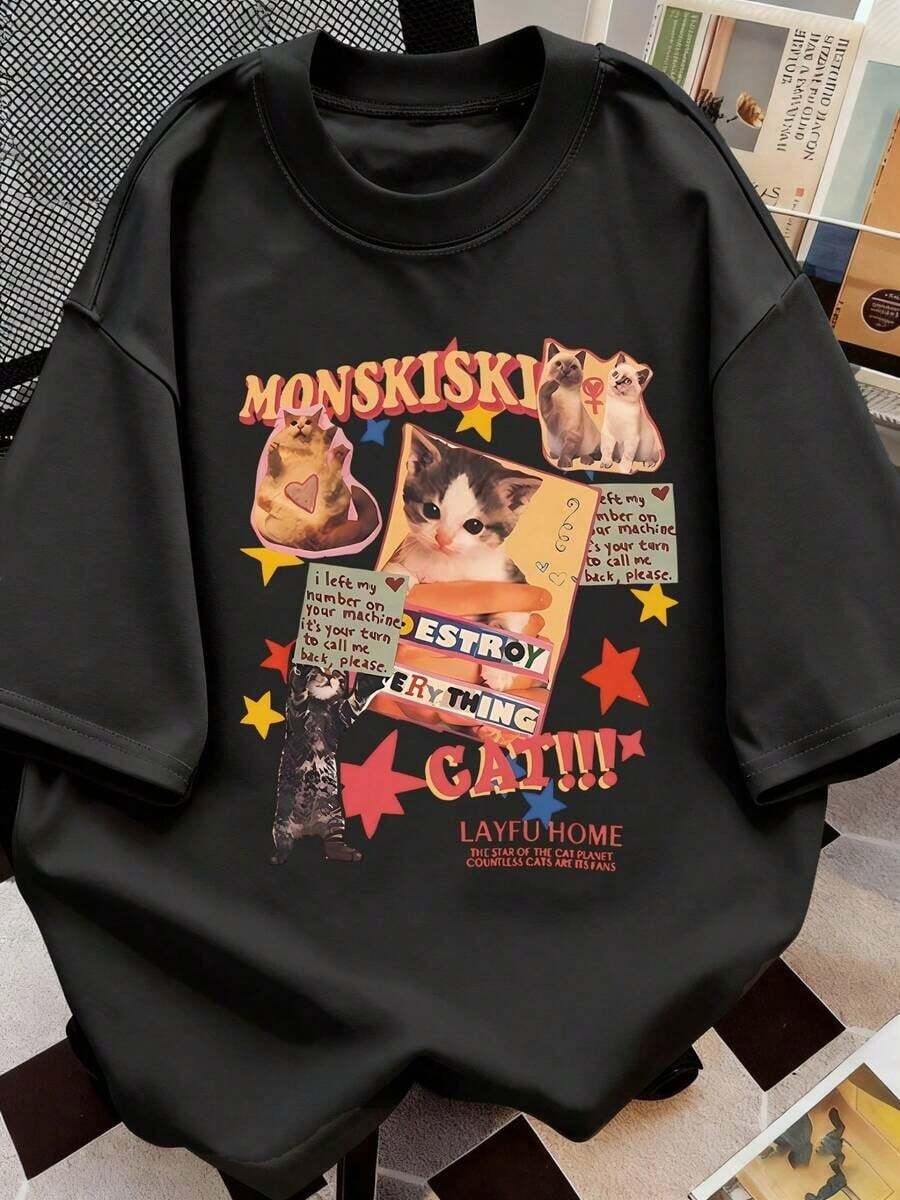 Y2K Retro Cat Poster Print Casual T-Shirt, Women's Short Sleeve Crew Neck Tee. A Must-Have For Cat Lovers - Unisex Loose Fit Cotton Short Sleeve Crew Neck T-Shirt - Vintage Street Style - 黑色 - 查看 1