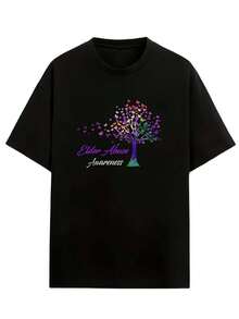 Black Crew Neck T-Shirt With Colorful Tree Print And Elder Abuse Awareness, Graphic Casual Wear, Women's T-Shirts - Urban Vintage Style, Unisex, Loose Fit, Cotton, Short Sleeve, Crew Neck, 100% Pure Cotton. - 黑色 - 查看 4