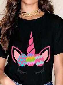 Camiseta Vintage con Diseño de Unicornio y Huevo de Pascua, con Patrón Colorido para Primavera y Fiestas - Negro - Ver 6