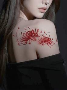 1 pieza Tatuaje temporal de línea de hibisco rojo degradado, decoración personalizada para el hombro, resistente al agua y al sudor, sin decoloración - Multicolor - Ver 4