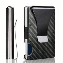 Billetera minimalista delgada para hombres, portacartas de metal bloqueador de bolsillo frontal, ligera, con clip para dinero, de fibra de carbono - Uno - Ver 9