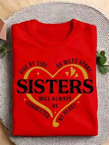 Camiseta NewSummerCasual para Hermanas Junto o a Kilómetros de Distancia, Camiseta Casual Minimalista para Viajes de Hermanas, Conjunto a Juego para Vacaciones de Hermanas, Camisetas para Viajes de Fin de Semana para Hermanas, Camiseta a Juego para Hermanas - Estilo Urbano Vintage Unisex, Camiseta de Algodón Suelta de Manga Corta con Cuello Redondo - Rojo - Ver 6