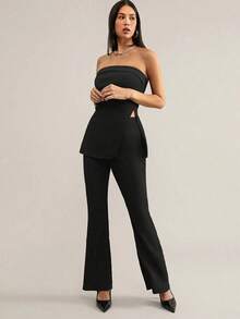 Conjunto de top bandeau y falda larga con abertura alta en color verde sólido para mujer - Negro - Ver 3