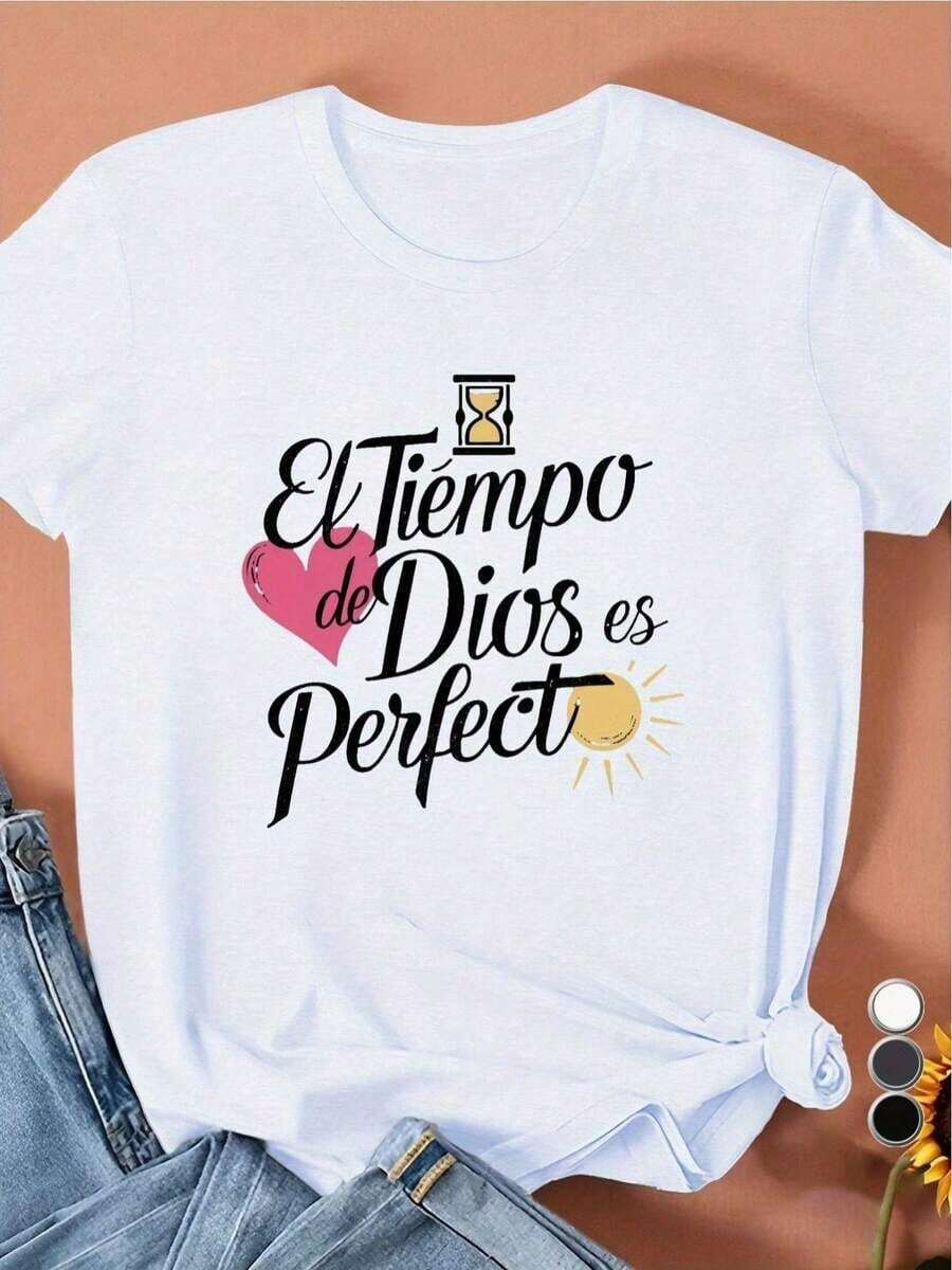 Camiseta de Mujer con el Símbolo "El Tiempo De Dios Es Perfecto" - Tipografía Elegante y Decorativa, Cuello Redondo Cómodo, Ropa Casual para Todas las Temporadas, Ideal para Eventos Religiosos y Reuniones Espirituales - Blanco - Ver 1