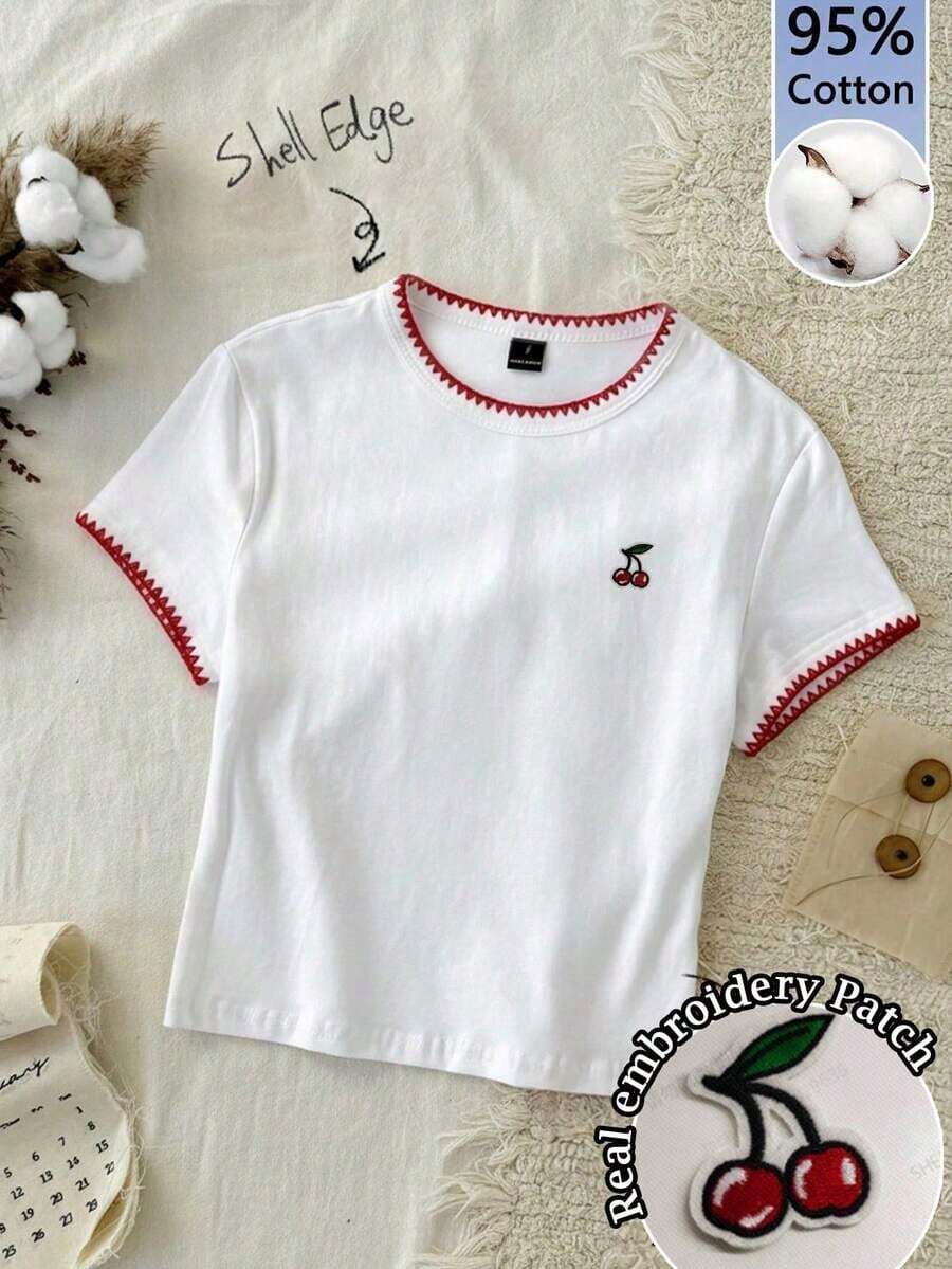 95% algodón. Camiseta corta de manga corta, cuello redondo, ajustada y recortada de unicolor minimalista casual para mujer, vintage, softgirl, elegante. Se puede usar en todas las estaciones, old money, salidas de verano, en casa, vuelta al cole, otoño. - Multicolor 5 - Ver 1