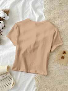 1 pieza Camiseta ajustada de forma sólida 95% algodón - Caqui - Ver 2