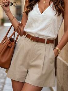 DONICY Women's Khaki Loose Pocket Shorts, Relaxed Comfortable Fabric, Elegant Vintage Style, Suitable For Spring/Summer Commuting, Work And Casual Occasions - Khaki - View 3