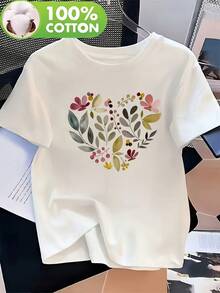 Camiseta con estampado floral 100%; Camiseta casual de manga corta para mujer - Estampado floral con letras en forma de corazón, diseño holgado de cuello redondo, lavable a máquina, top versátil adecuado para todas las estaciones, camiseta elegante para uso diario; Cómoda; Calidad transpirable - Blanco - Ver 6